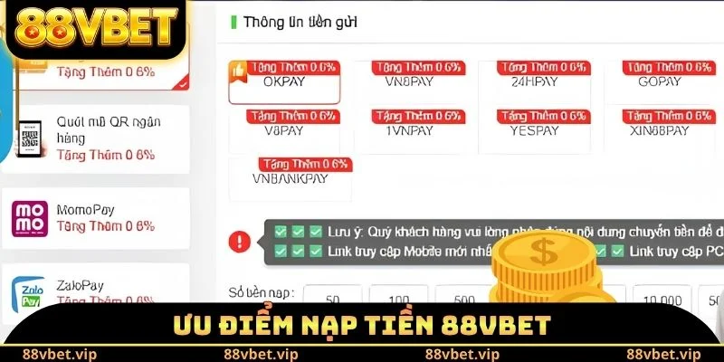 Ưu điểm nạp tiền 88vbet
